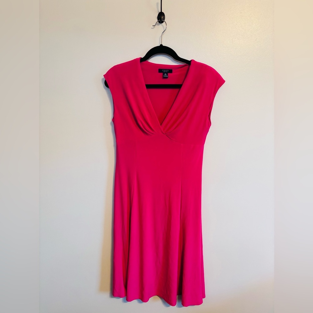 Chaps pink v neck knee length dress with small shoulder pads size medium